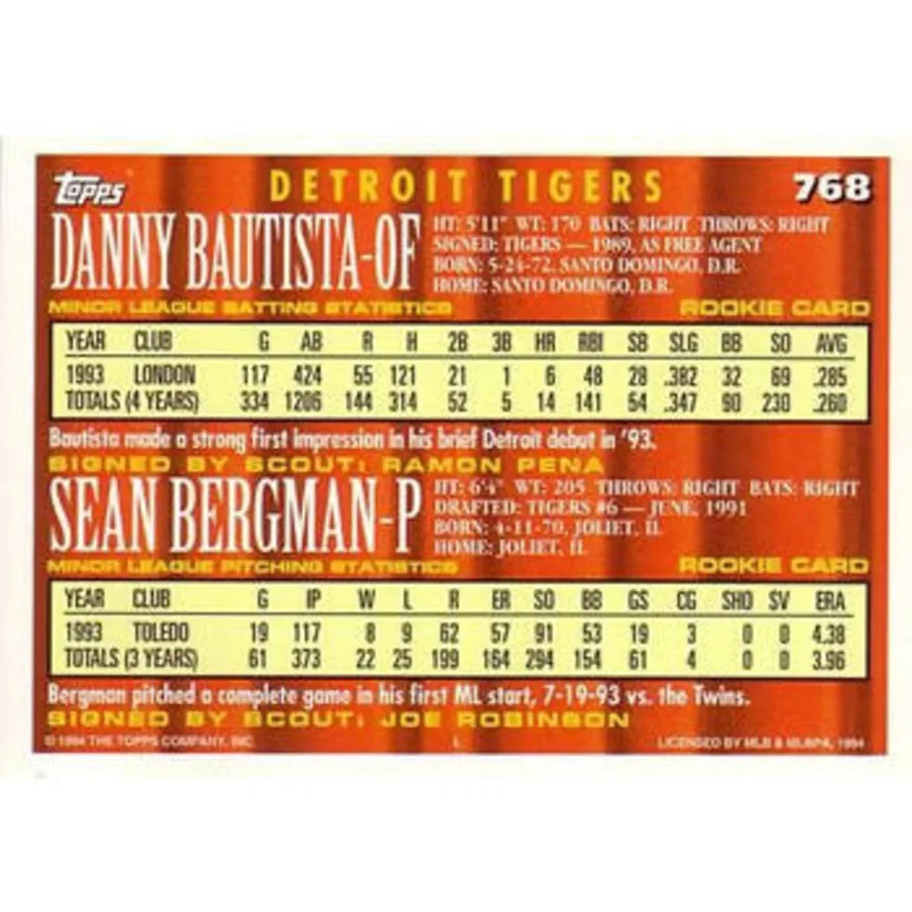 1994 Topps Danny Bautista / Sean Bergman CA, RC # 768 Detroit Tigers
